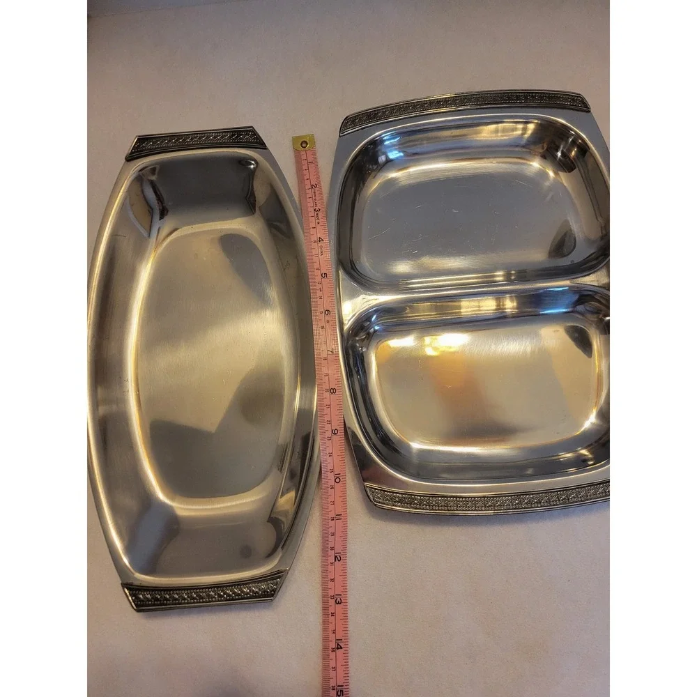 Vtg MCM Madeira Stainless‎ Serving Set Trays Divided Dish Bowl Floral Rim